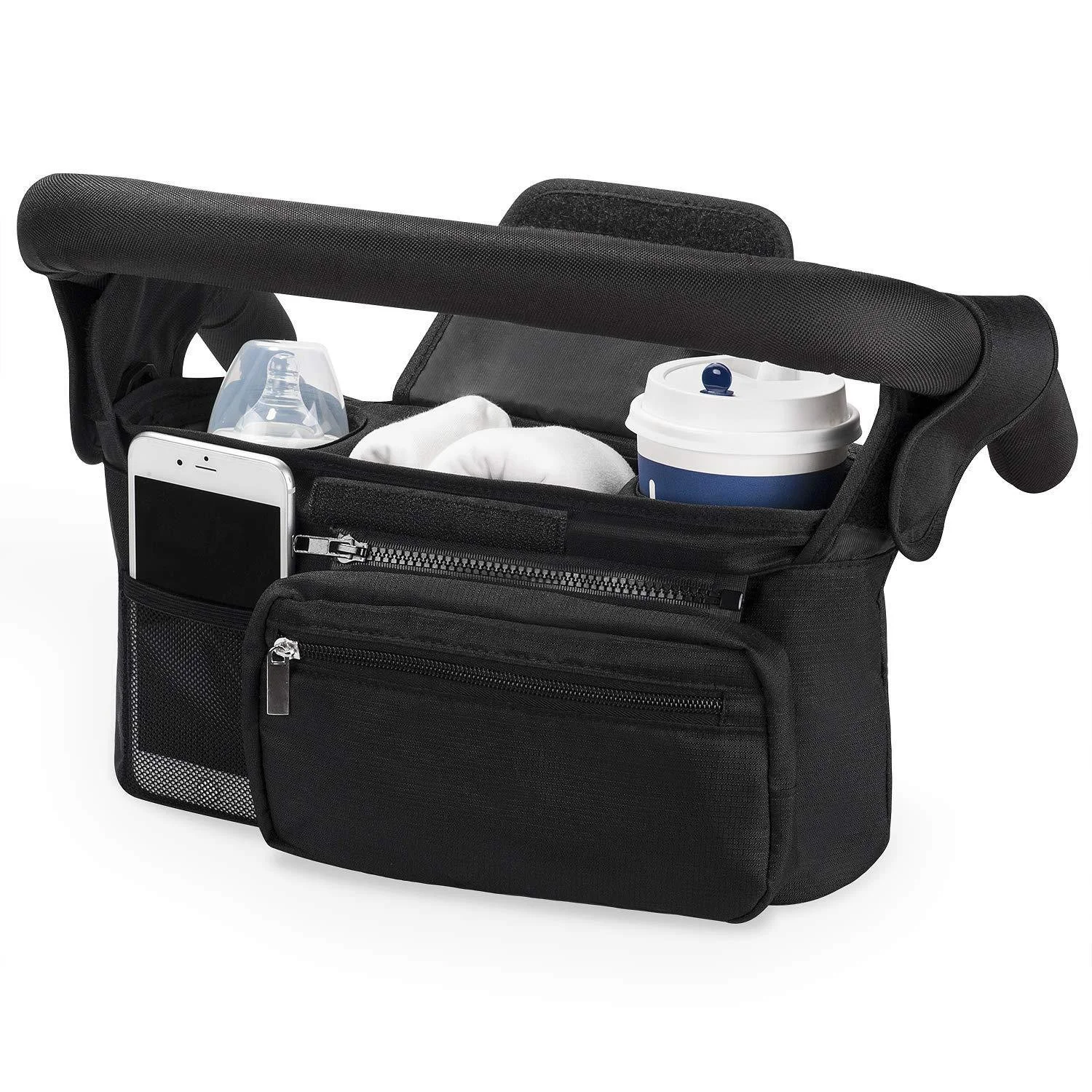 Black Universal Stroller Organiser Caddy with Insulated Cup Holders and Detachable Wristlet