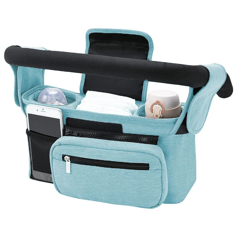 Blue Universal Stroller Organiser Caddy with Insulated Cup Holders and Detachable Wristlet