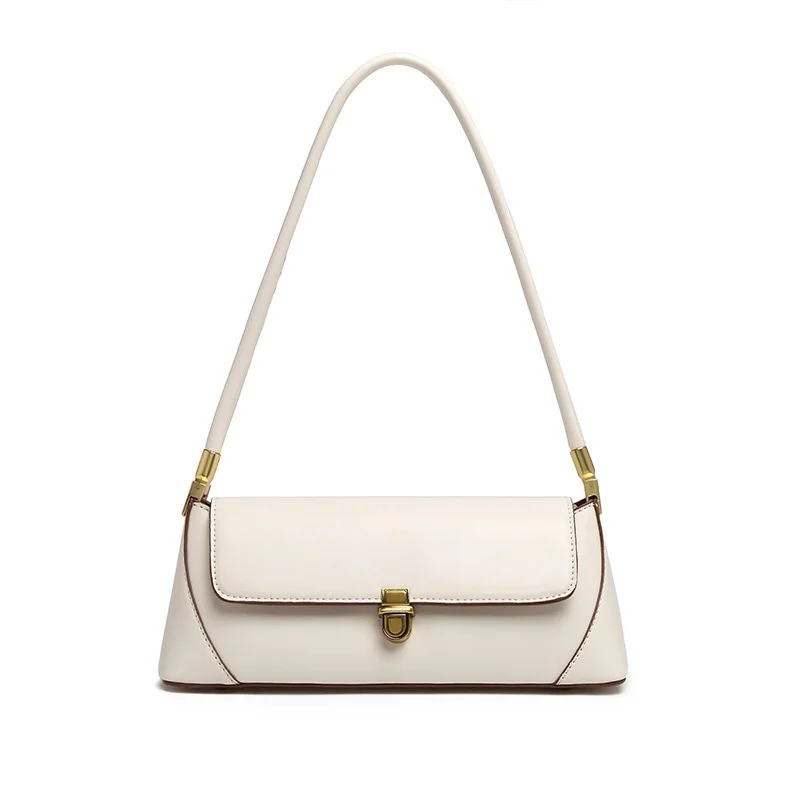 Beige Elegant Vintage Baguette Shoulder Bag - Chic PU Leather Underarm Purse with Gold Clasp