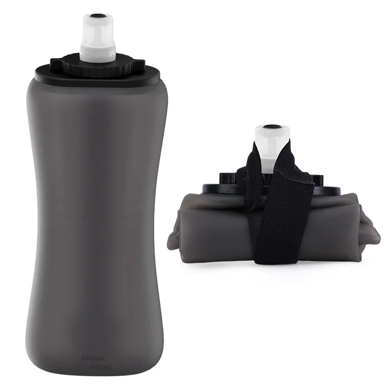 Black Collapsible Handheld Running Flask - 350ml Lightweight Silicone Water Bottle with Bite Valve