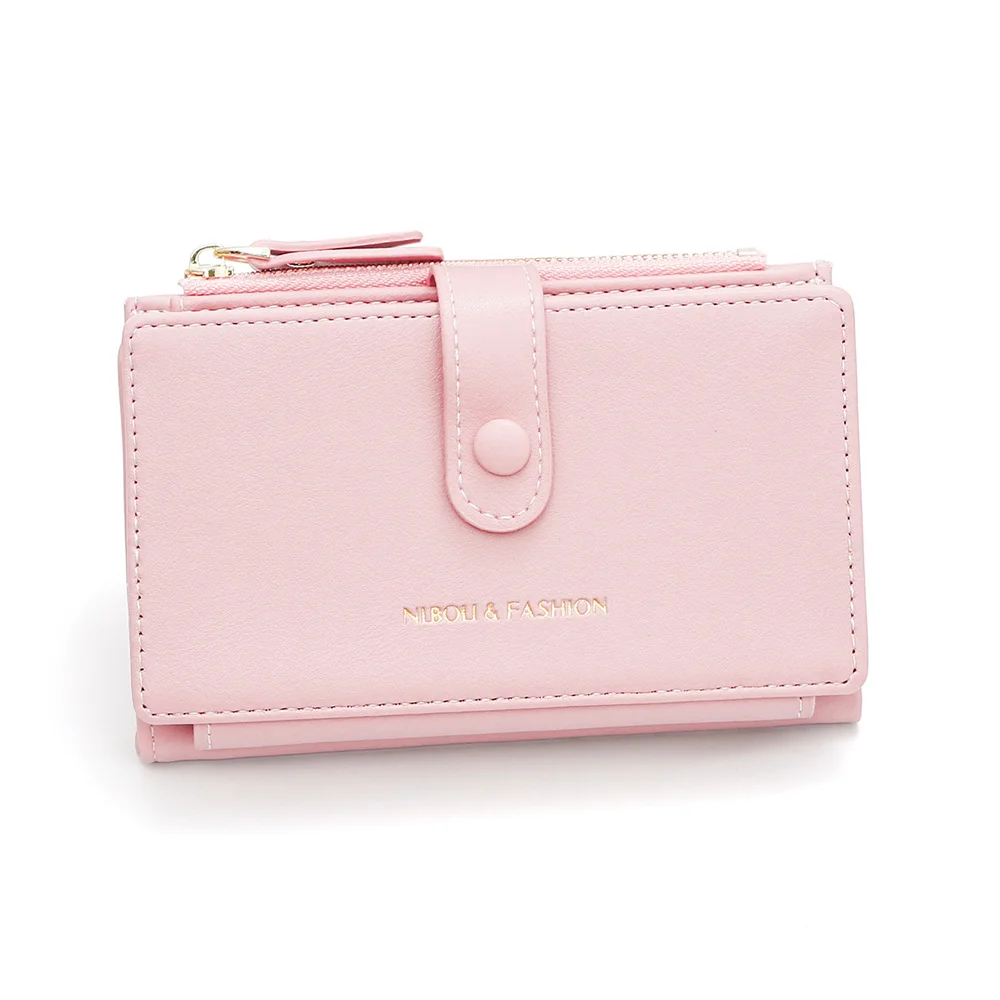 Pink Compact Bifold Wallet for Women - High Capacity PU Leather Purse with Zipper Coin Pocket