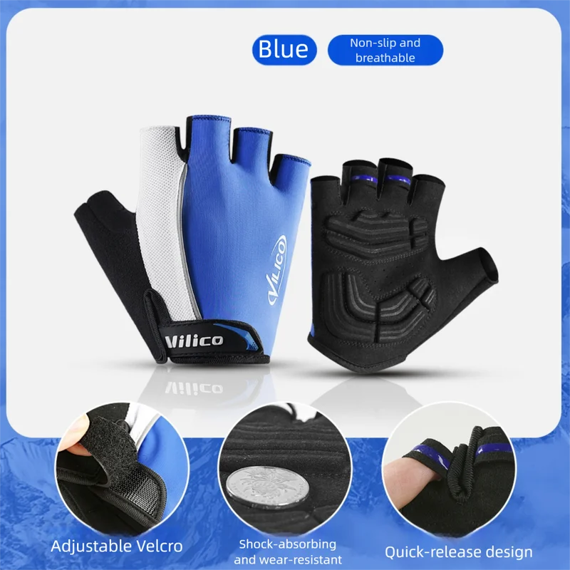 Size M Blue Padded Half-Finger Cycling Gloves - Breathable Shock-Absorbing Workout Gloves for Gym & Fitness
