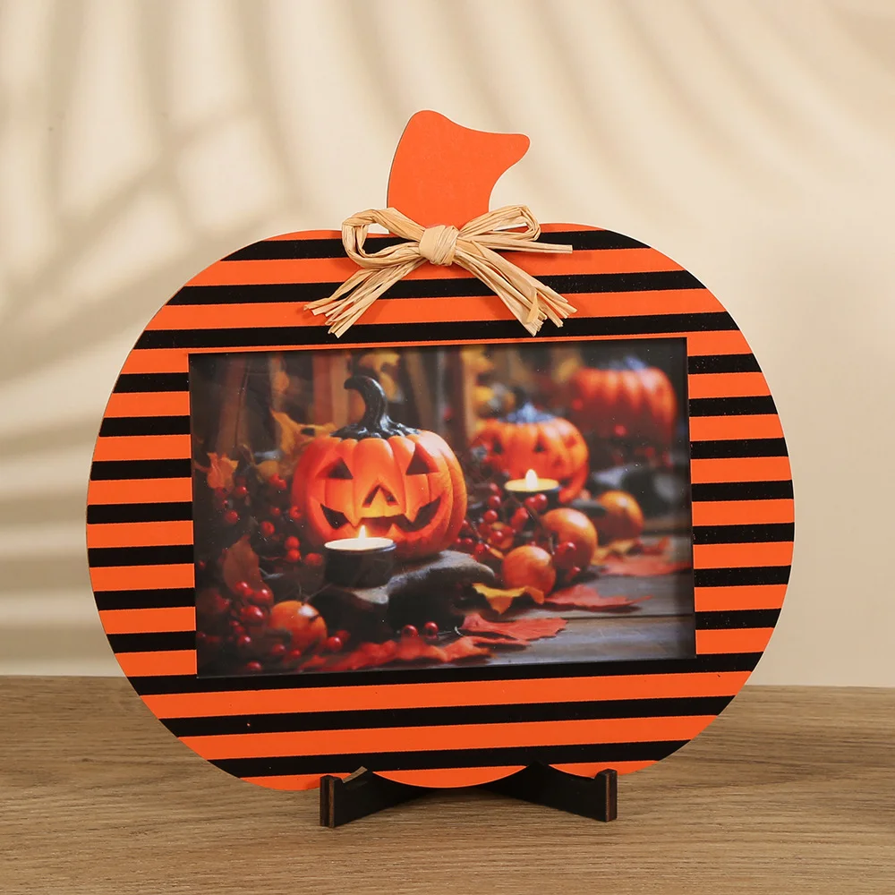  Black and Orange Stripes Pattern Festive Pumpkin Photo Frame - Rustic Halloween Tabletop Picture Holder