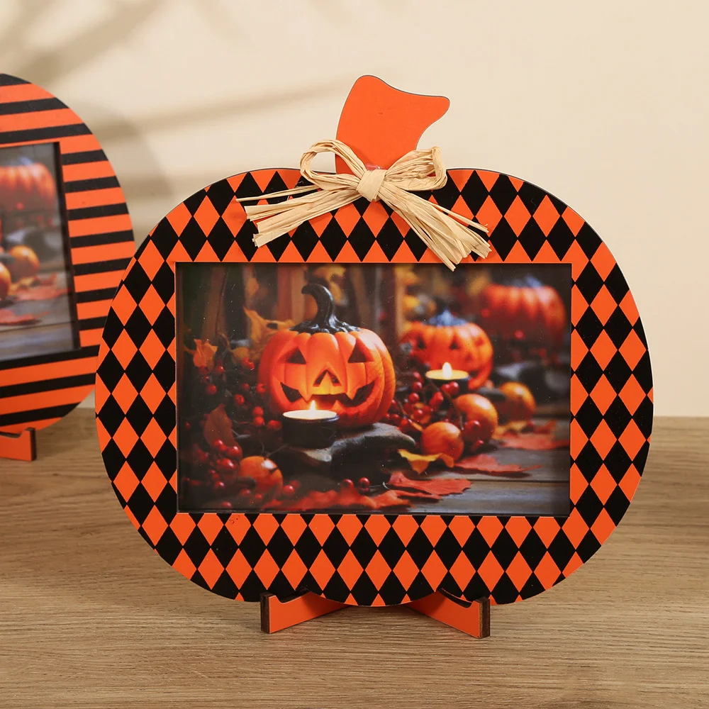  Black and Orange Plaid Pattern Festive Pumpkin Photo Frame - Rustic Halloween Tabletop Picture Holder