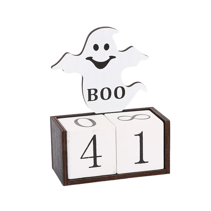 White Ghost Shape Festive Halloween Countdown Blocks - Reusable Wooden Perpetual Calendar for Desk Decor