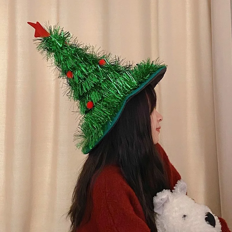Green Sparkly Tinsel Christmas Tree Hat - Festive Holiday Party Headwear for Adults & Kids