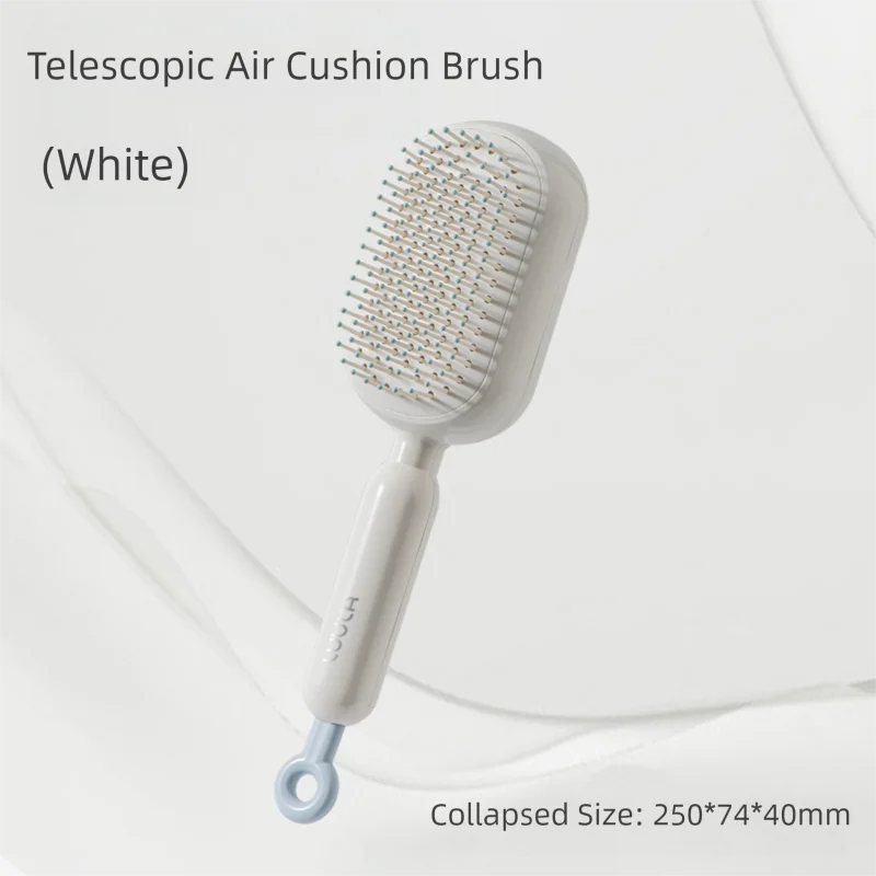 White Innovative Self-Cleaning Cushion Hairbrush - Retractable Bristle Detangling & Scalp Massager
