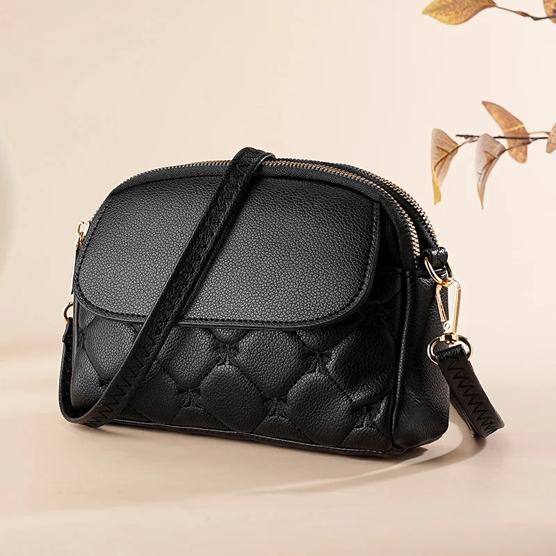 Black Chic Quilted Crossbody Bag - Multi-Compartment PU Leather Shoulder Purse