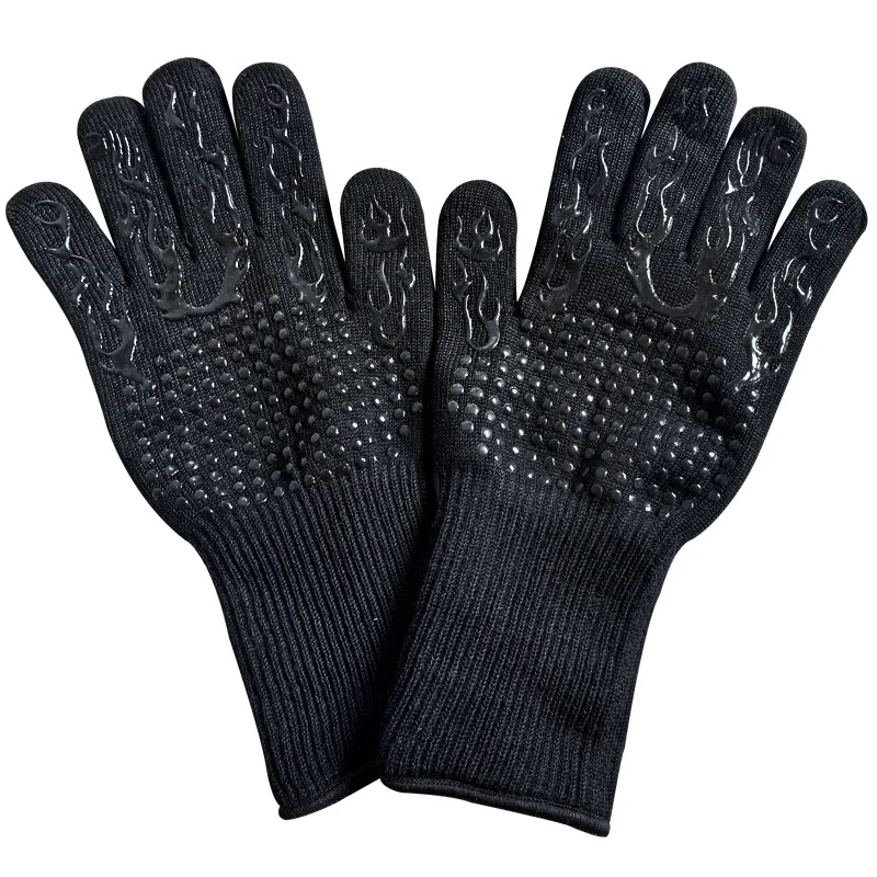 Black Flame Pattern Extreme Heat Resistant BBQ Gloves - 500°C Flame Design Oven Gloves with Non-Slip Silicone Grip