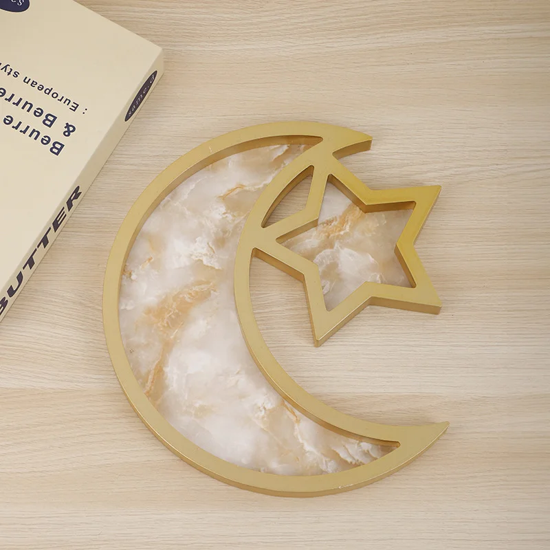 2 Pcs Gold Marble Effect Elegant Celestial Moon & Star Serving Tray - Gold Finish Decorative Platter for Home & Holidays