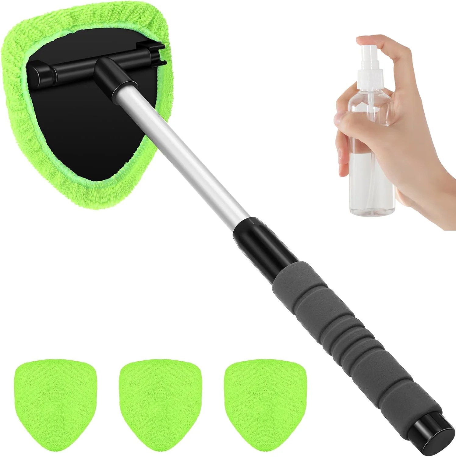 Green Car Windshield Cleaner Tool, Inside with 4 Reusable and Washable Microfiber Pads and Extendable Handle, Moisture Removal Tool