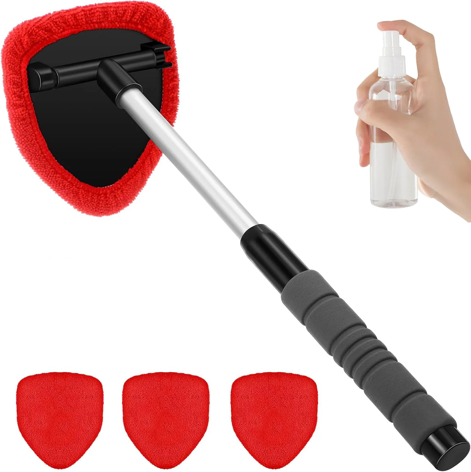 Red Car Windshield Cleaner Tool, Inside with 4 Reusable and Washable Microfiber Pads and Extendable Handle, Moisture Removal Tool