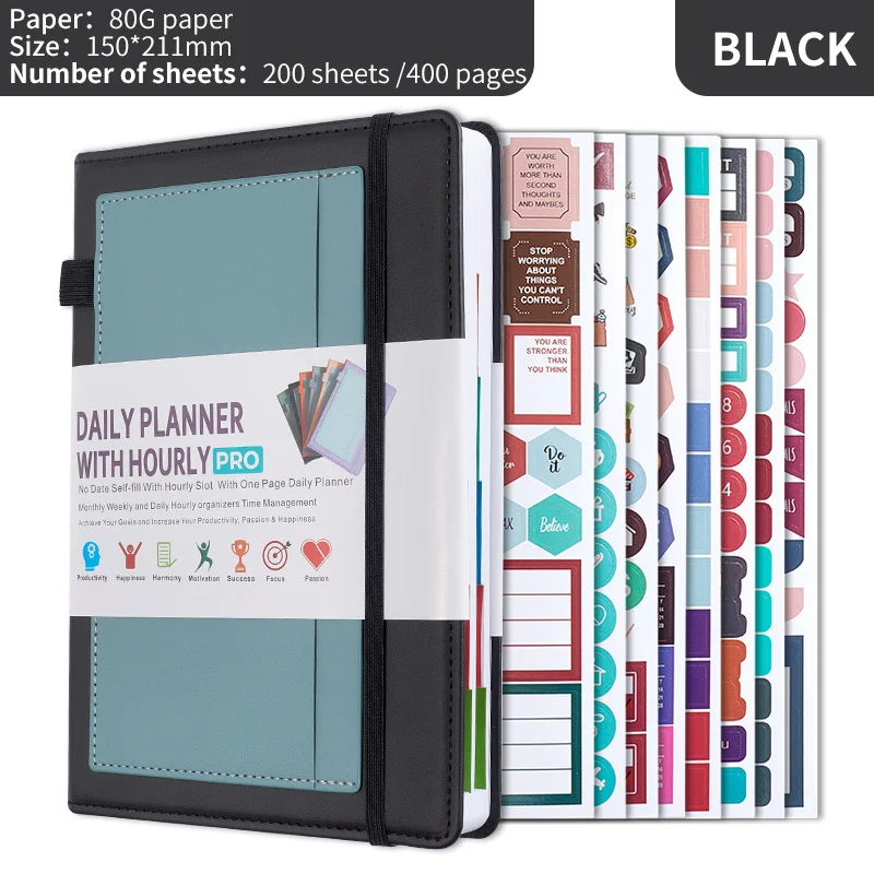 Black A5 PU Leather Agenda for Productivity & Time Management-Undated Daily & Hourly Planner Pro