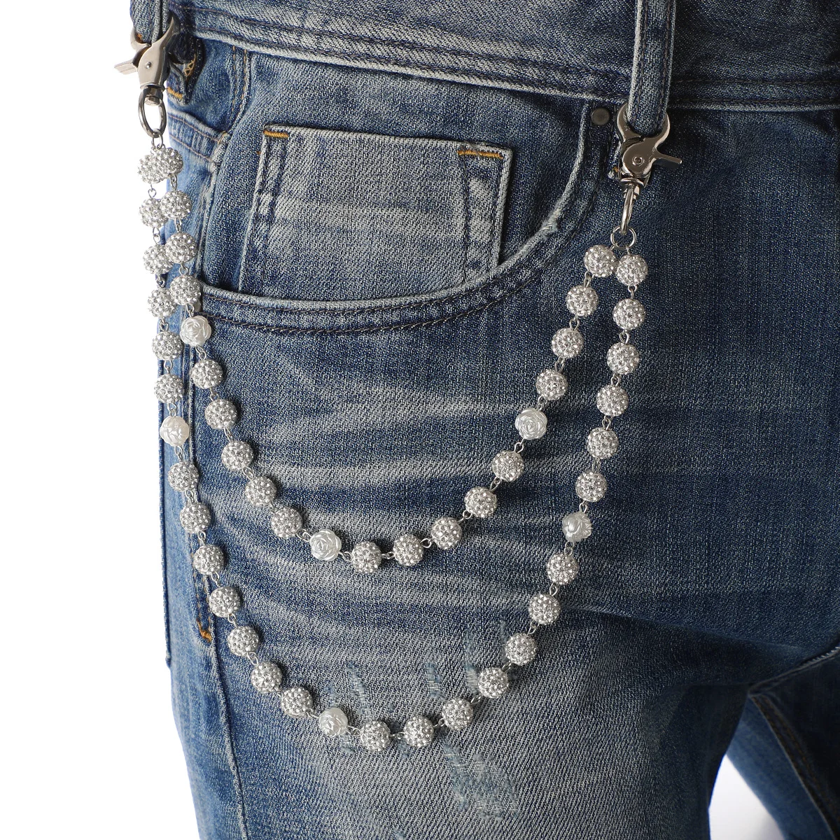 Silver and White Bling Rhinestone Beaded Wallet Chain - Double Layer Hip Hop Trouser Chain Jean Accessory(60g）