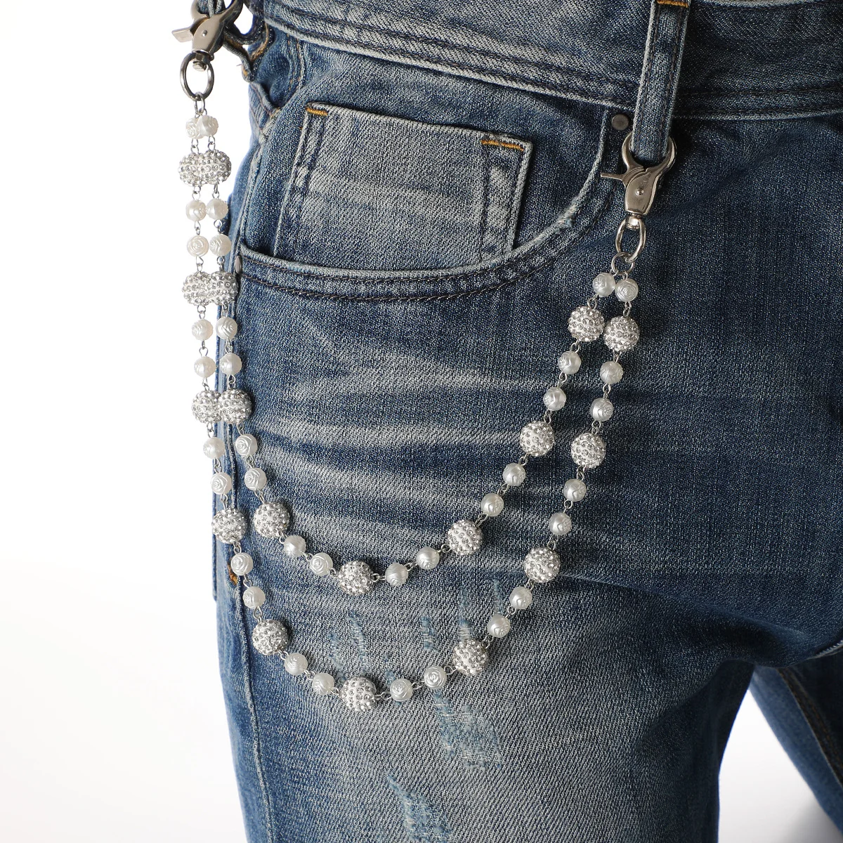 Silver and White Bling Rhinestone Beaded Wallet Chain - Double Layer Hip Hop Trouser Chain Jean Accessory(55g）