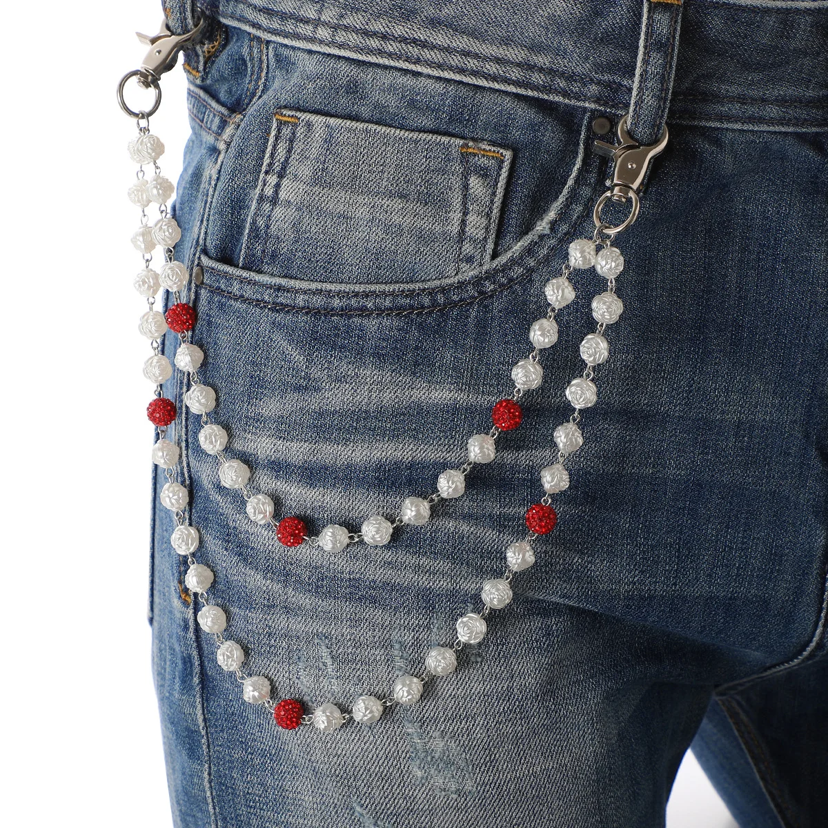Red and White Bling Rhinestone Beaded Wallet Chain - Double Layer Hip Hop Trouser Chain Jean Accessory(45g）