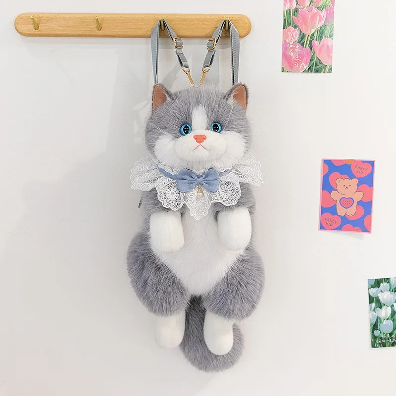 Grey Adorable Plush Cat Backpack - Soft Furry Doll Bag with Zipper Compartment for Girls and Women
