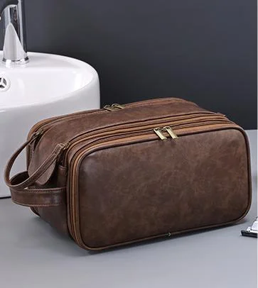 Large Capacity PU Leather Toiletry Bag - Multi-Compartment Dopp Kit & Cosmetic Organizer(Tan)