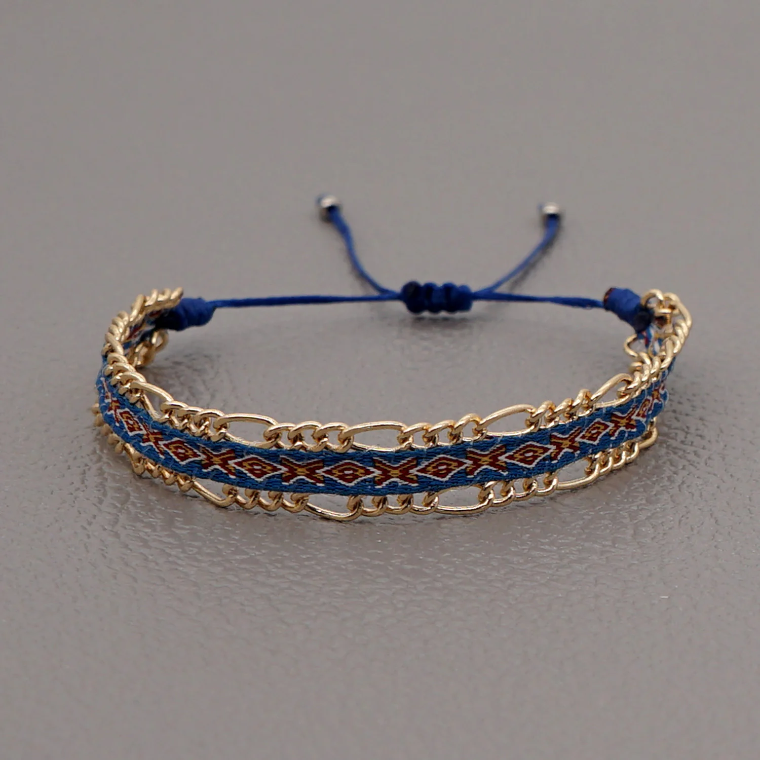 Blue Style Artisan Boho Beaded Bracelet - Handmade Woven Friendship Band with Gold-Plated Chain