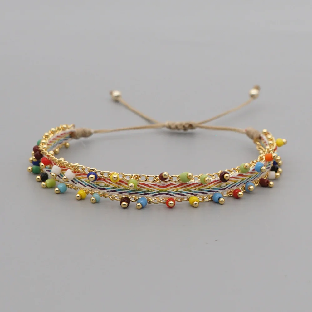 Multicolor Style Artisan Boho Beaded Bracelet - Handmade Woven Friendship Band with Gold-Plated Chain