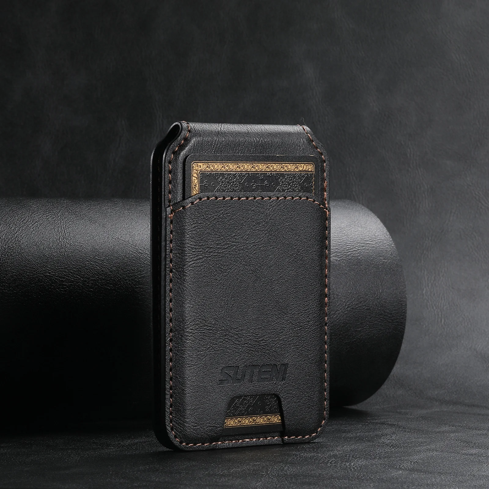 Black Slim Magnetic Wallet with Kickstand for MagSafe - PU Leather Card Holder