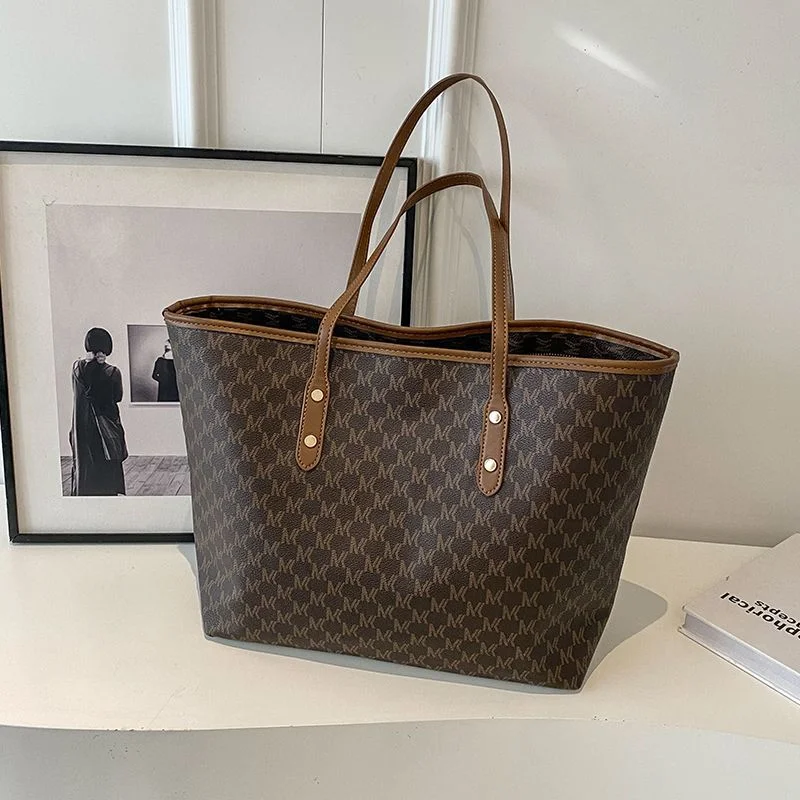 Coffee Chic Monogram Print Tote Bag - Large Capacity Shoulder Handbag for Work & Commuting