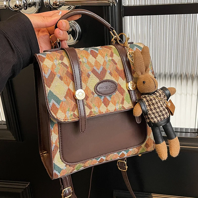 Khaki Vintage Geometric Print Convertible Mini Backpack - 3-Way Satchel with Cute Bunny Charm