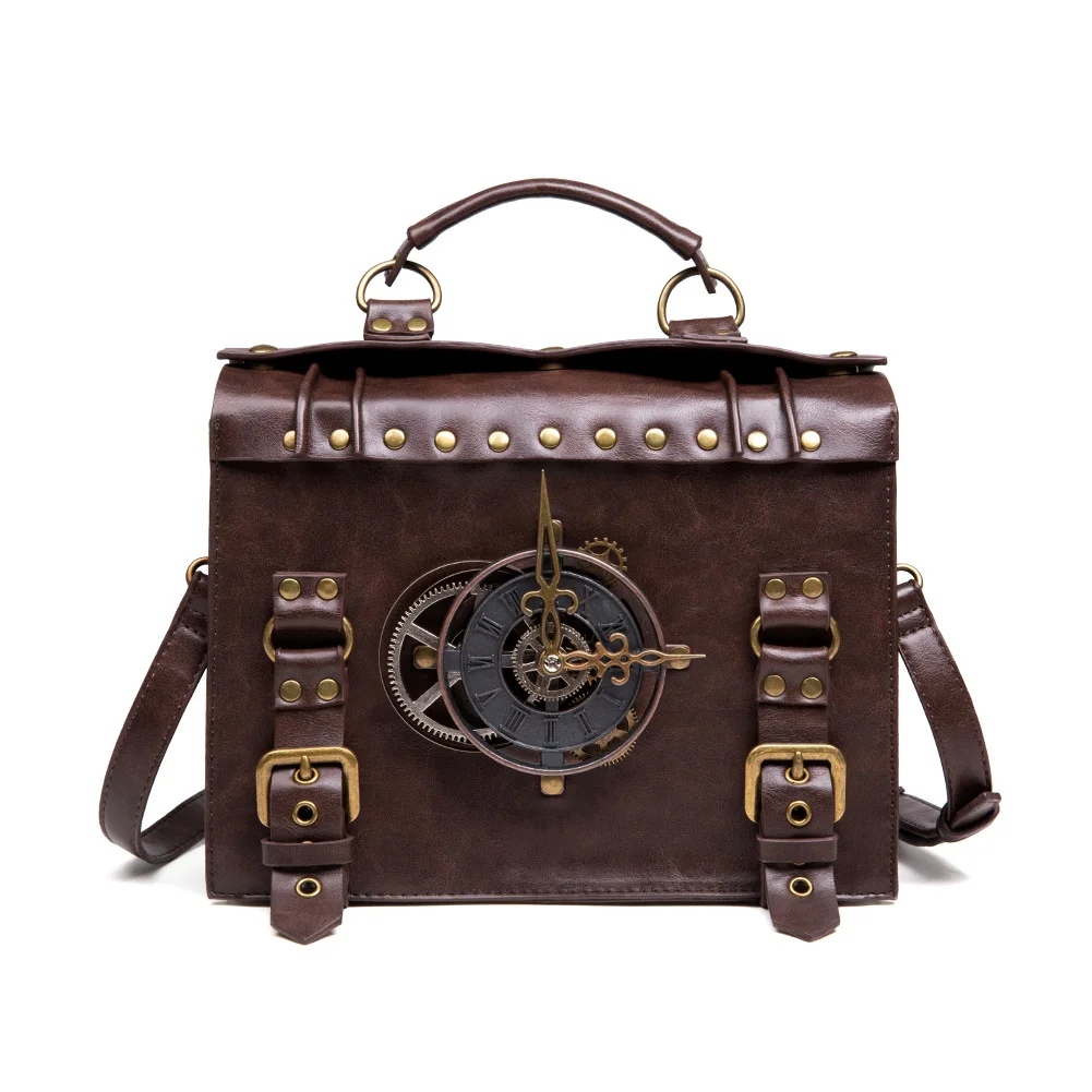 Retro Steampunk Satchel Bag with Decorative Clock & Gears - Gothic Crossbody Purse