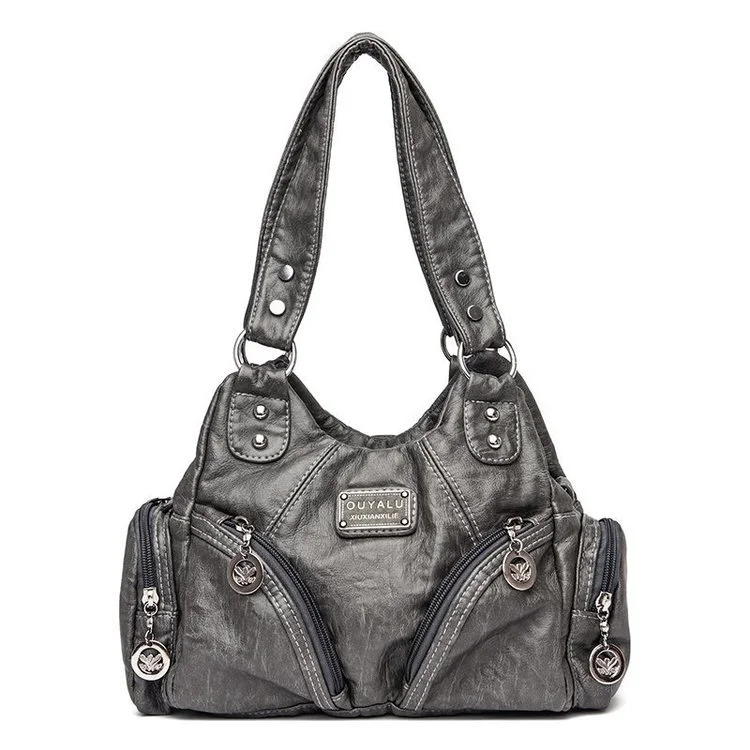 Grey Vintage Soft Leather Hobo Bag for Women - Multi-Pocket Shoulder Purse & Crossbody Handbag