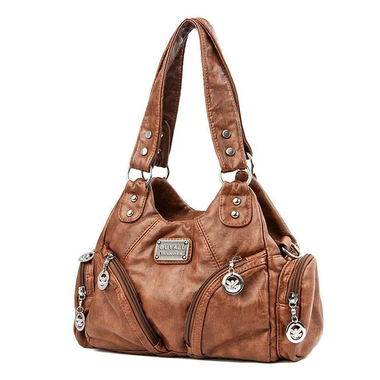 Brown Vintage Soft Leather Hobo Bag for Women - Multi-Pocket Shoulder Purse & Crossbody Handbag
