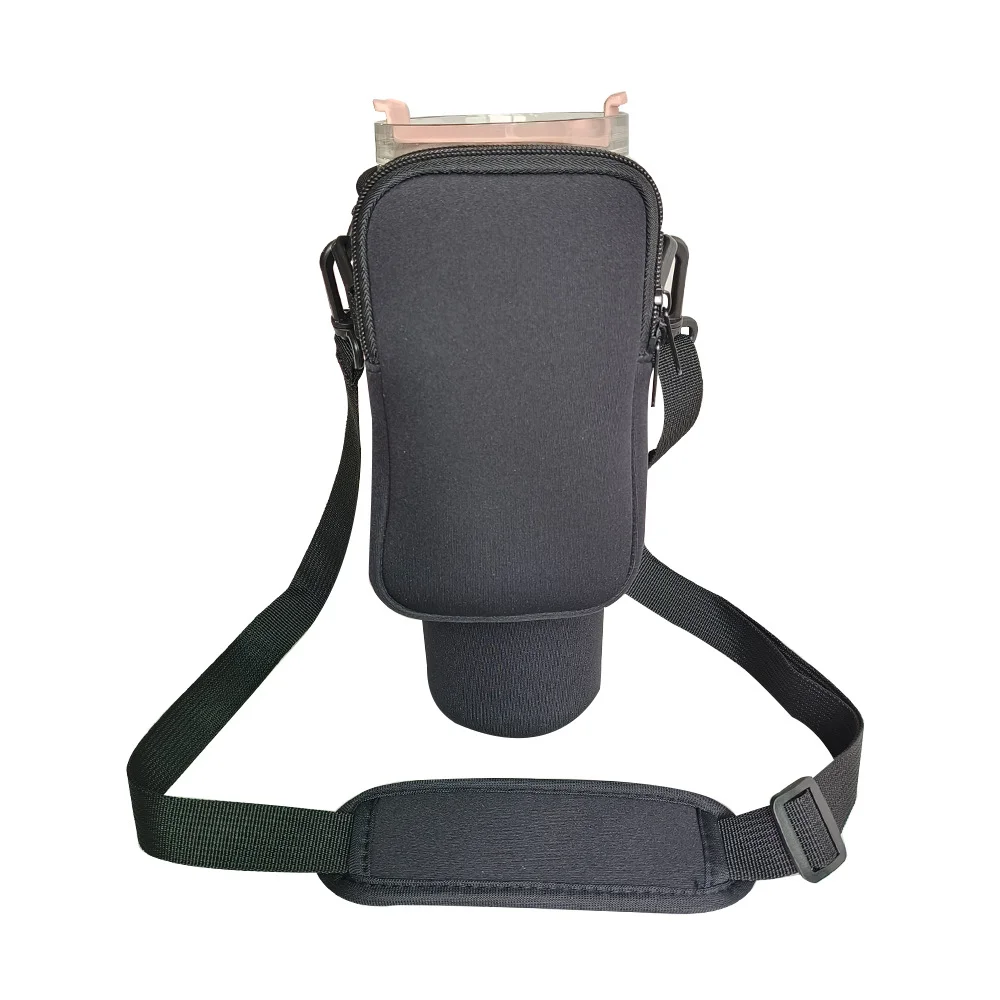 Black Crossbody Tumbler Carrier with Detachable Wallet Pouch and Adjustable Strap