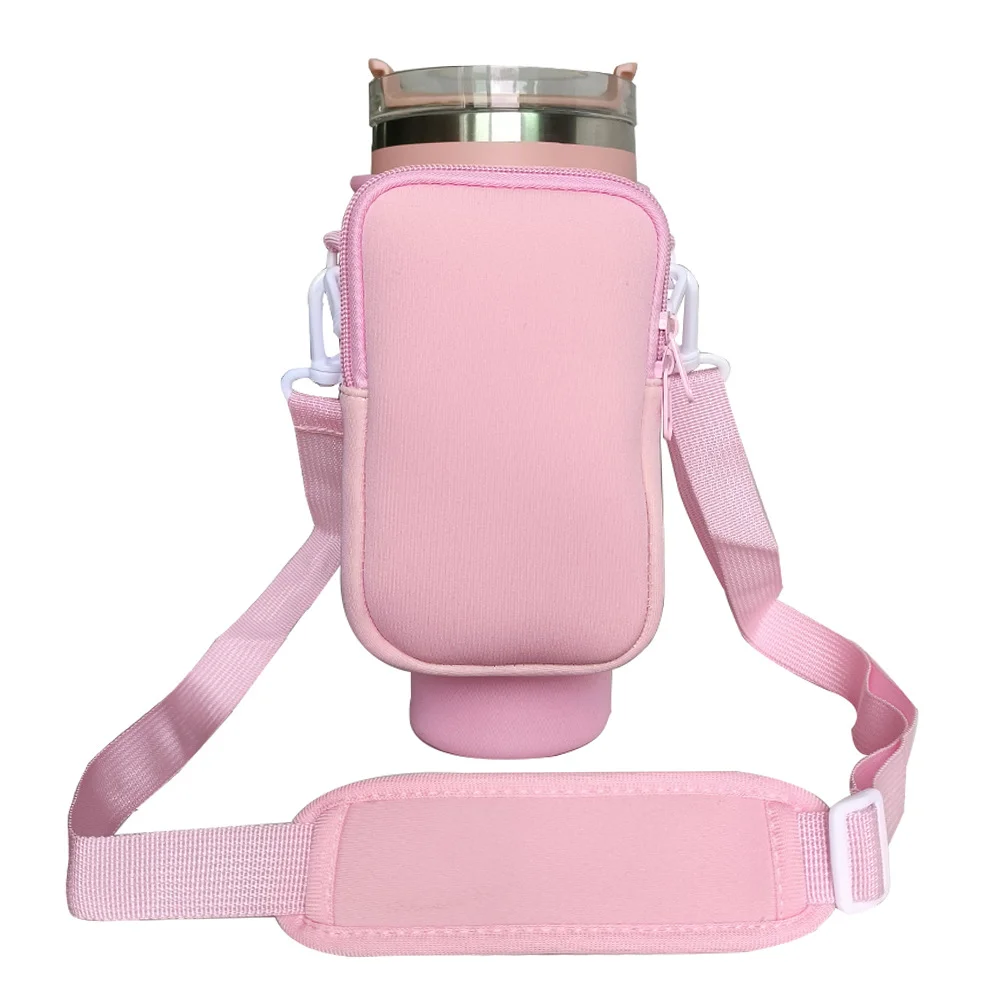 Pink Crossbody Tumbler Carrier with Detachable Wallet Pouch and Adjustable Strap