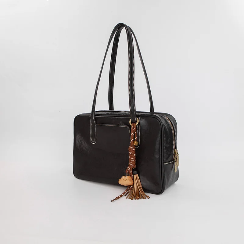 Large Size Black Vintage Genuine Split Leather Bowling Bag for Women - Retro Top Handle Satchel & Crossbody Purse