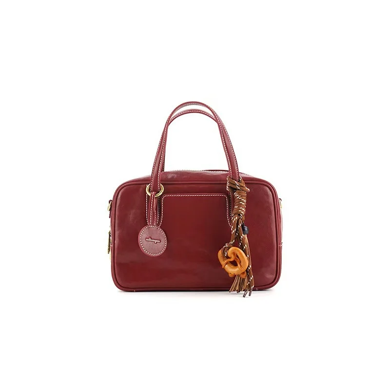 Small Size Red Vintage Genuine Split Leather Bowling Bag for Women - Retro Top Handle Satchel & Crossbody Purse