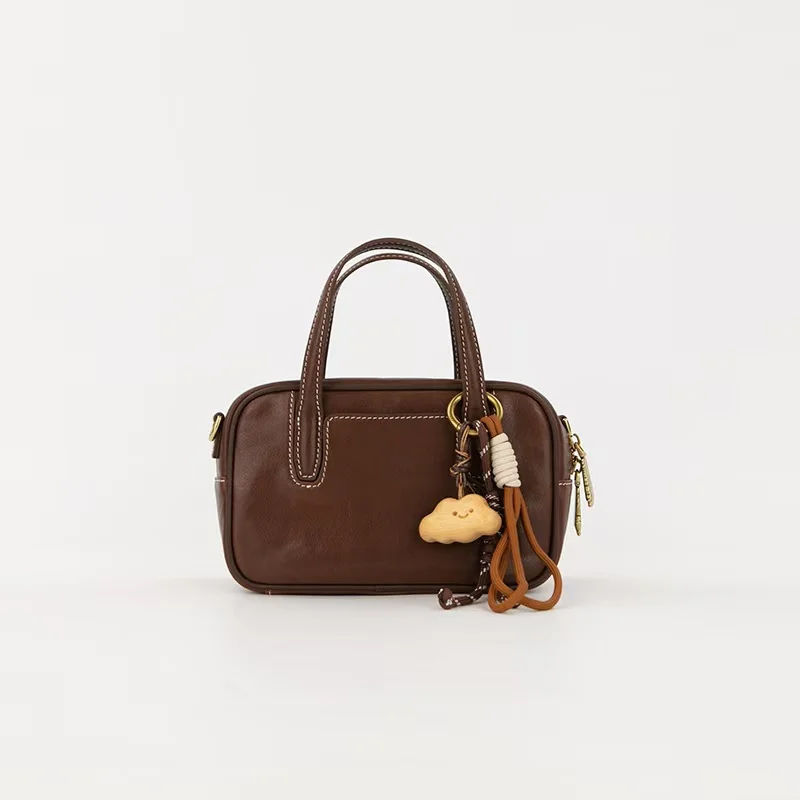 Mini Size Coffee Brown Vintage Genuine Split Leather Bowling Bag for Women - Retro Top Handle Satchel & Crossbody Purse