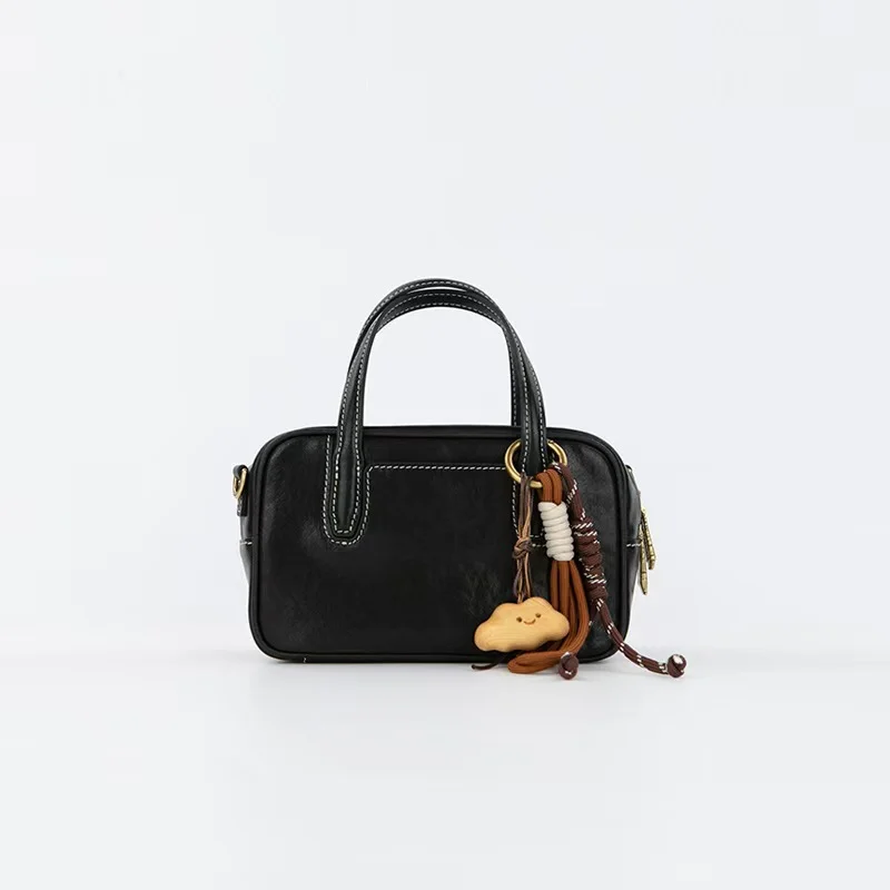 Mini Size Black Vintage Genuine Split Leather Bowling Bag for Women - Retro Top Handle Satchel & Crossbody Purse