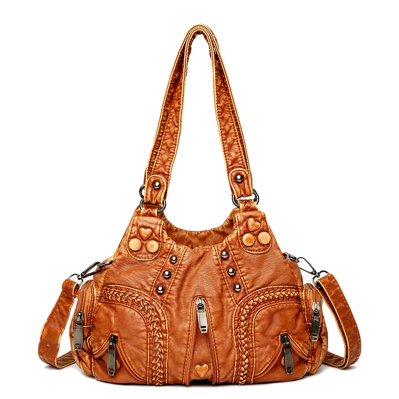 Yellow Women's Vintage Studded Hobo Bag - Soft Washed Leather Multi-Pocket Shoulder & Crossbody Purse