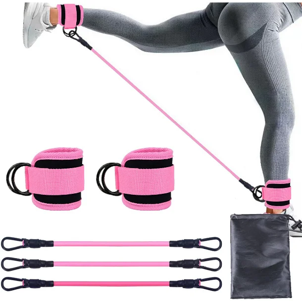 Pink Black Snap Resistance Bands Set with Ankle Straps for Glute Kickbacks & Leg Workouts (10-30lbs)