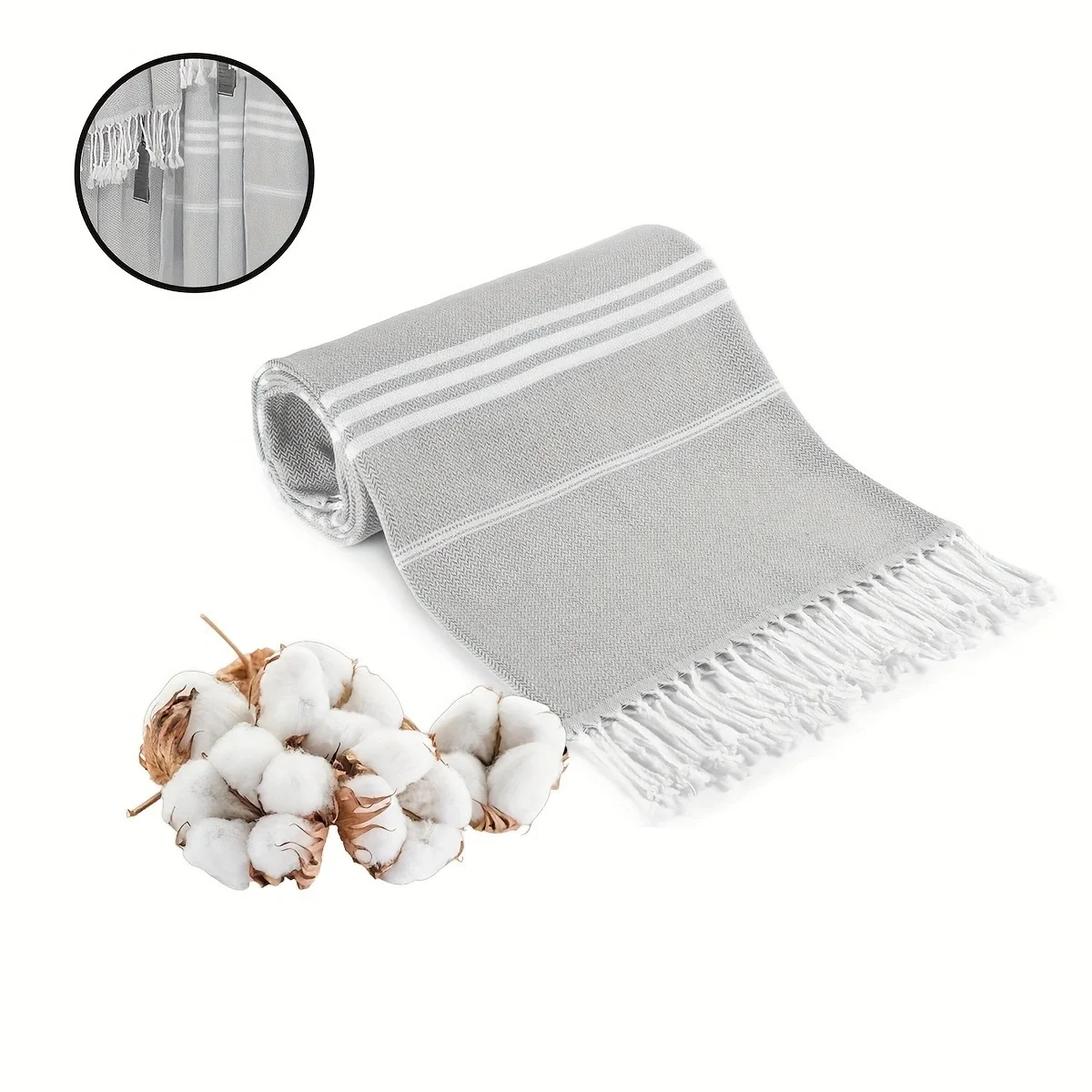 Grey Chic Striped 100% Cotton Beach Towel with Tassels - Extra Large & Absorbent (180x90cm)