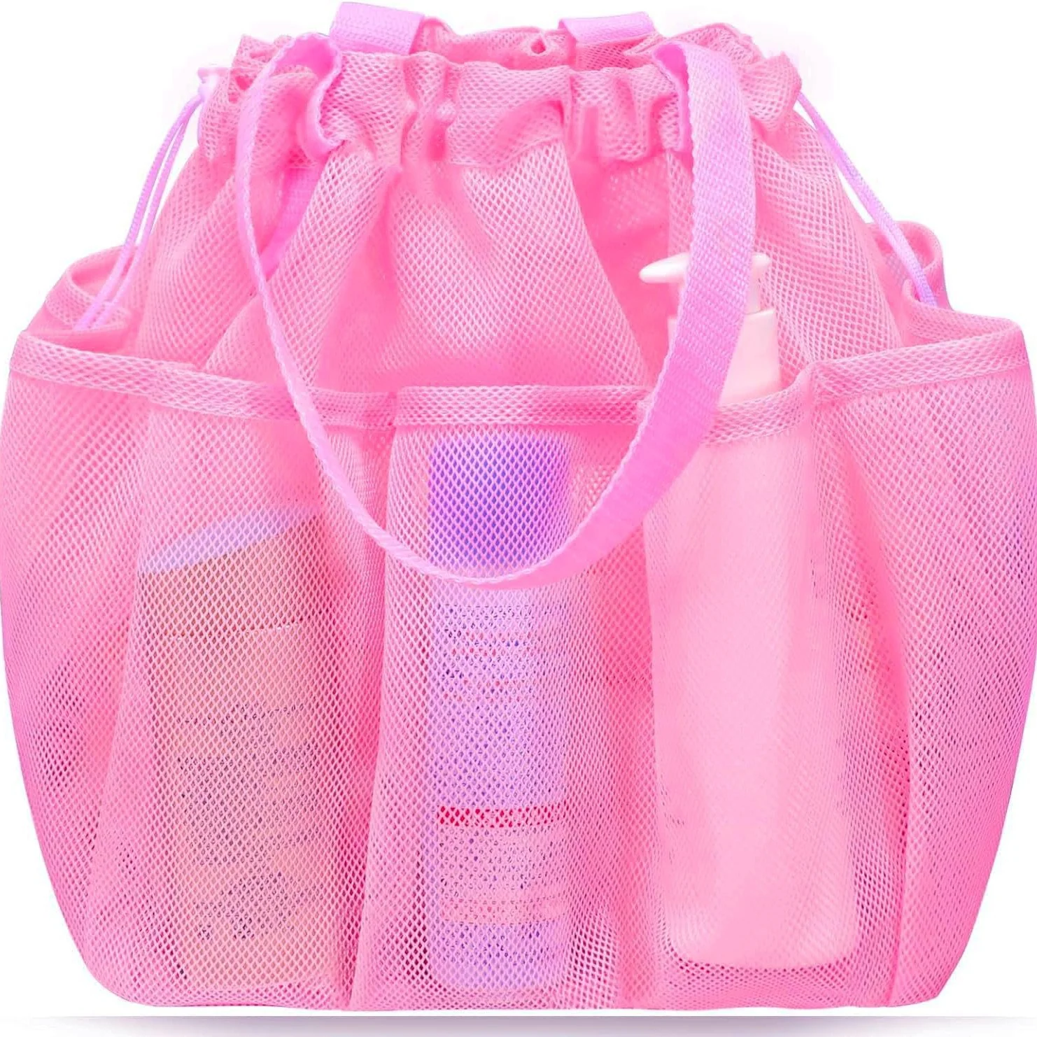 Pink Large Multi-Pocket Mesh Beach Tote Bag - Quick-Dry Travel & Gym Organizer with Drawstring Closure
