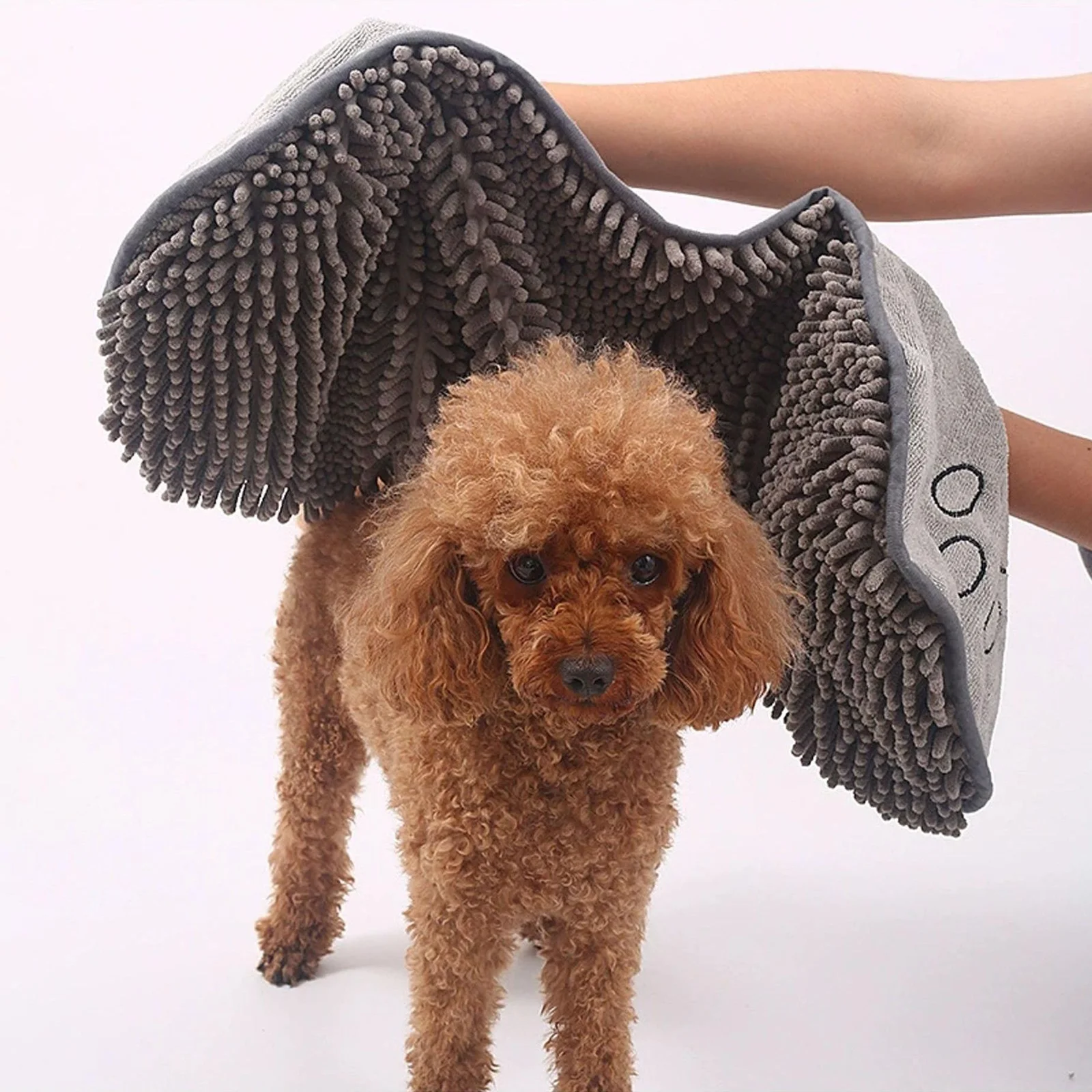 Grey Super Absorbent Pet Drying Towel with Hand Pockets Soft Chenille Microfiber Dog Bath Towel Quick Dry for Cats and Dogs after Grooming or Beach