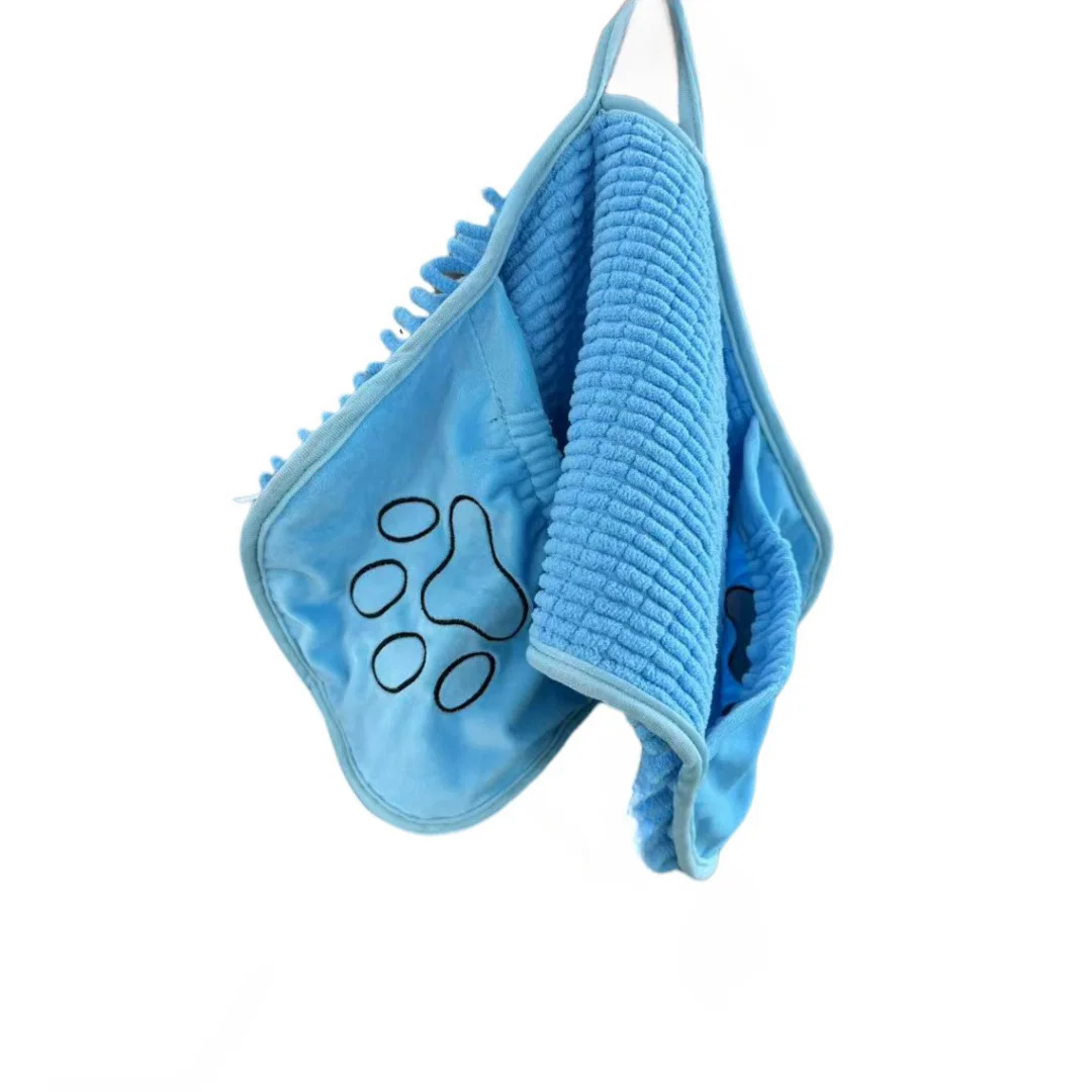 Blue Super Absorbent Pet Drying Towel with Hand Pockets Soft Chenille Microfiber Dog Bath Towel Quick Dry for Cats and Dogs after Grooming or Beach