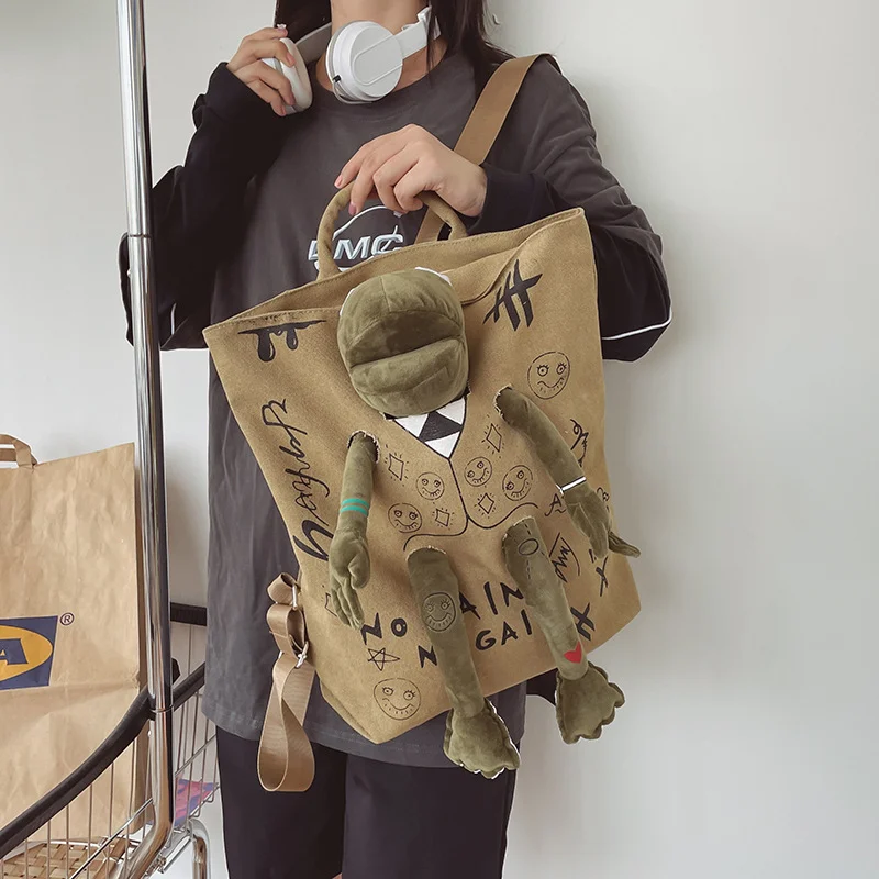 Khaki 3D Frog Graffiti Canvas Backpack Large Capacity 37x40cm School Bag for Students and Uni Students - Creative Aesthetic Rucksack