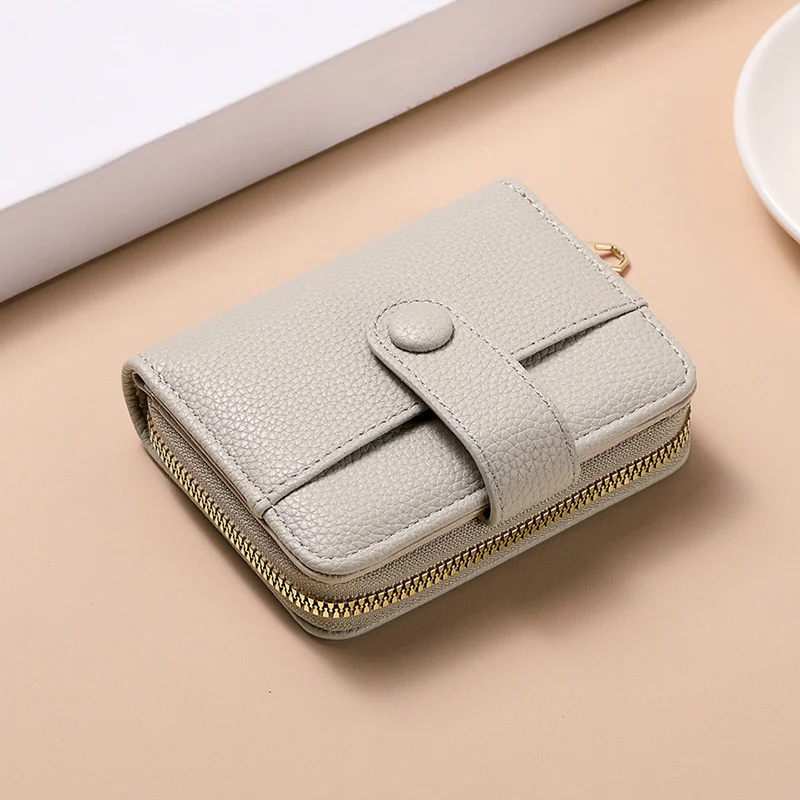 Grey Women's Short PU Leather Wallet 2 Pack - Fashion Lychee Grain Purse with Multi Card Slots and Zipper Coin Pocket - Compact Organiser for Daily Use