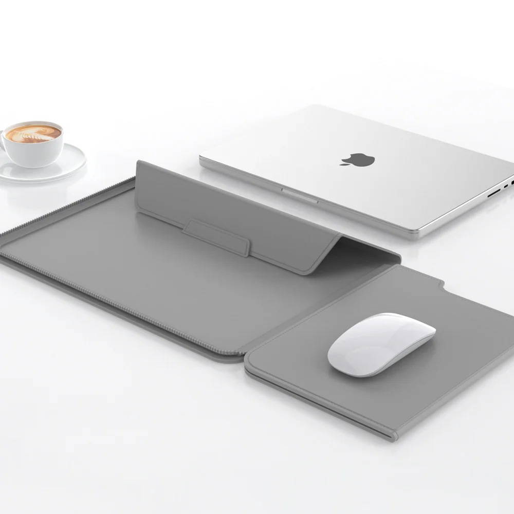 3-in-1 Detachable PU Leather Laptop Sleeve with Ergonomic Stand & Mouse Pad(grey 13/14 inch)