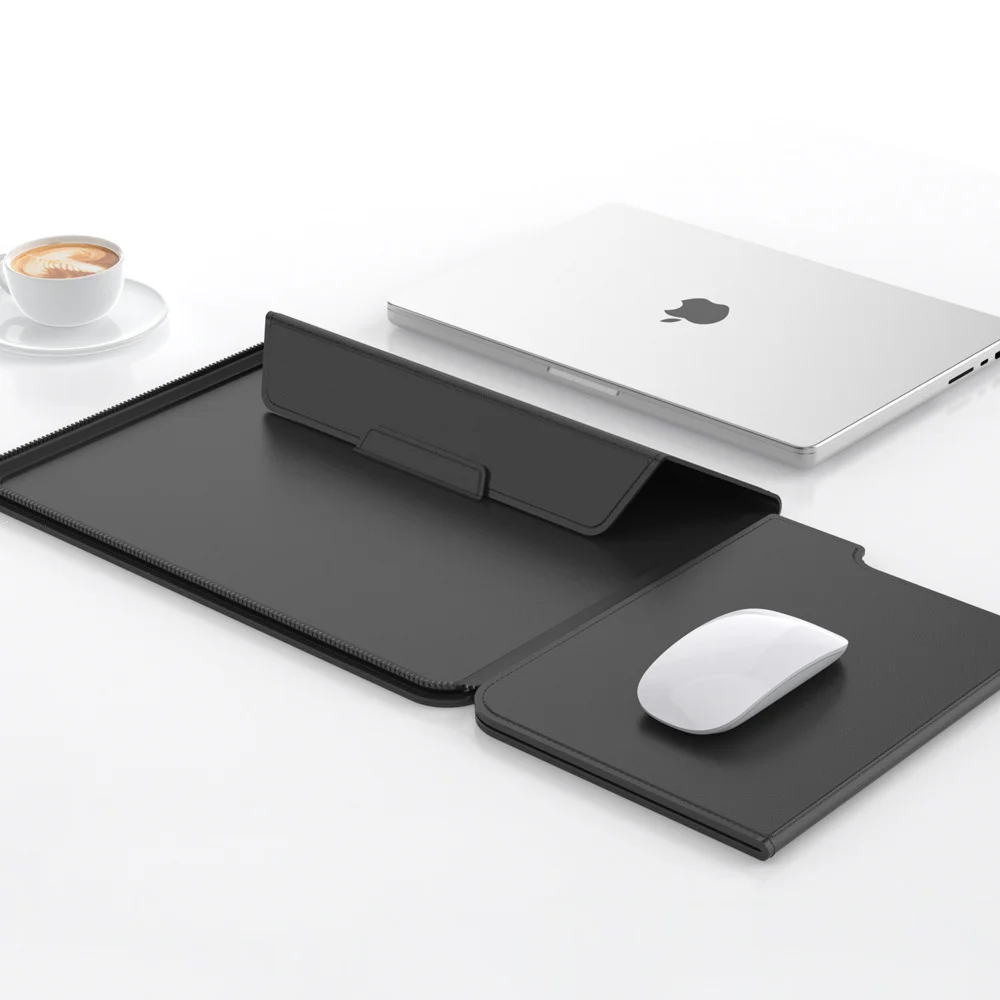 3-in-1 Detachable PU Leather Laptop Sleeve with Ergonomic Stand & Mouse Pad(black 13/14 inch)