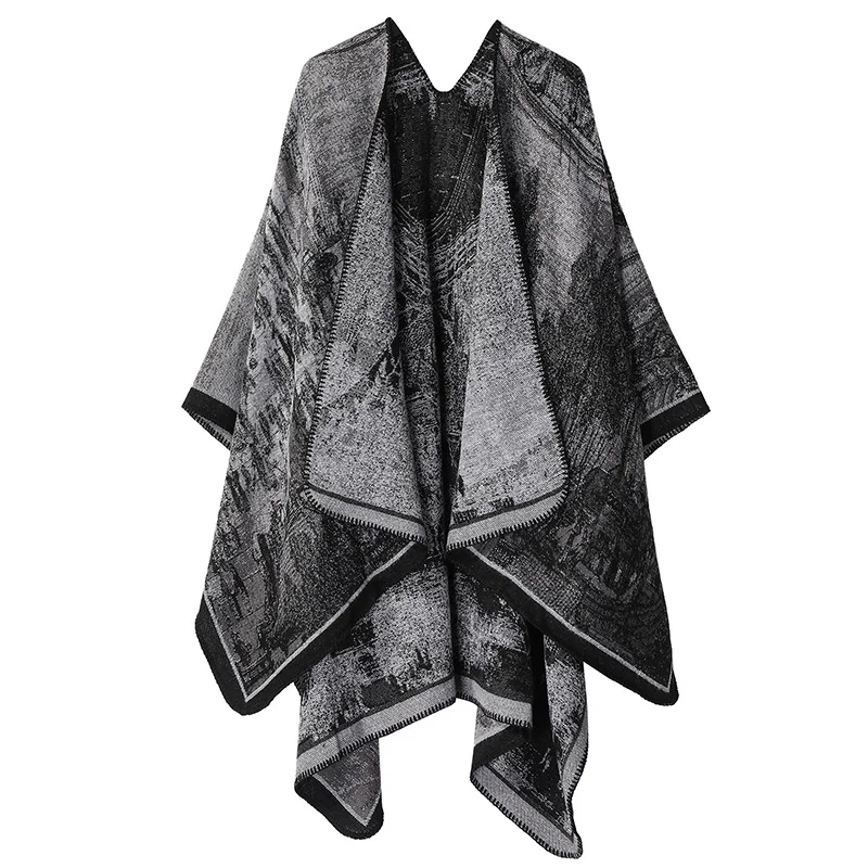 Faux Cashmere Shawl (Qingming Scroll Print) - Black Gray, 160*135cm