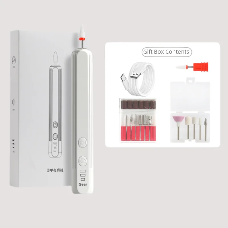 White Pro Portable Electric Nail Drill Kit With 10 Bits - Fast, Quiet, Rechargeable