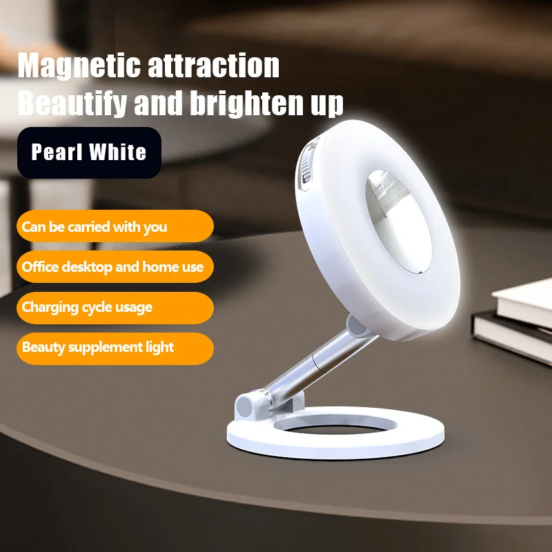 White 2-in-1 Folding Portable Selfie Light and Magnetic Phone Stand - Vlogging Ring Light with Adjustable Kickstand, Three-Color Soft Light & USB Rechargeable