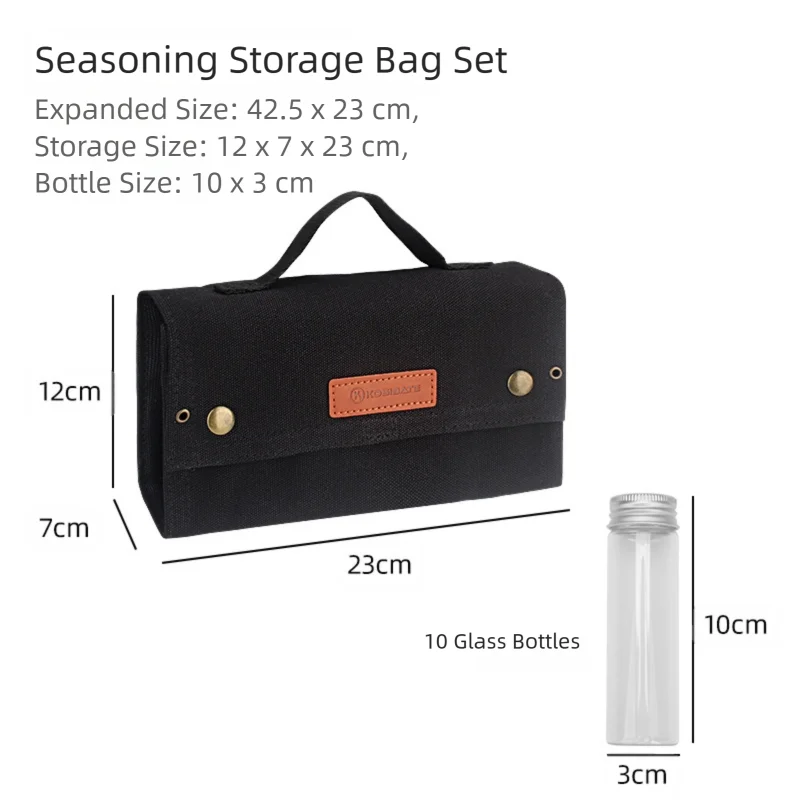 Black canvas spice storage box (9.1 x 4.7 x 2.8 inches) With 10 bottles